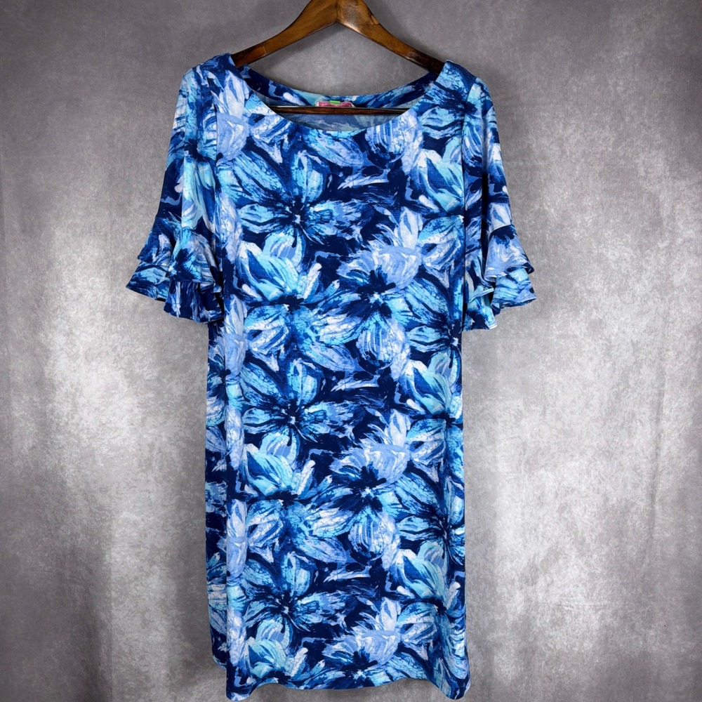 Pappagallo Floral Shift Dress Ruffle Tiered Sleeve XL Blue Tropical Botanical